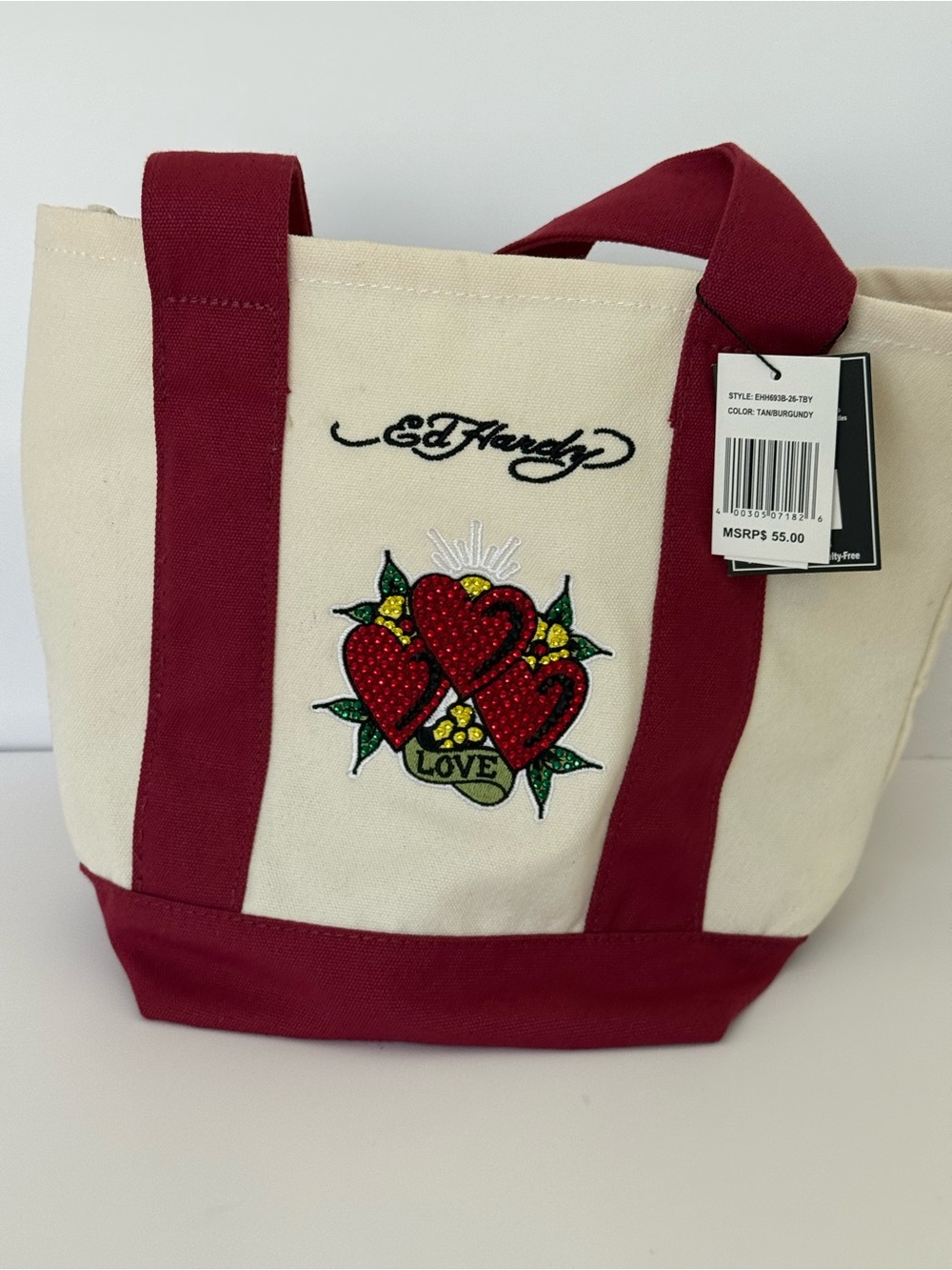 Ed Hardy Small Cream Canvas Tote with Burgundy Trim and Red Heart Embroidery